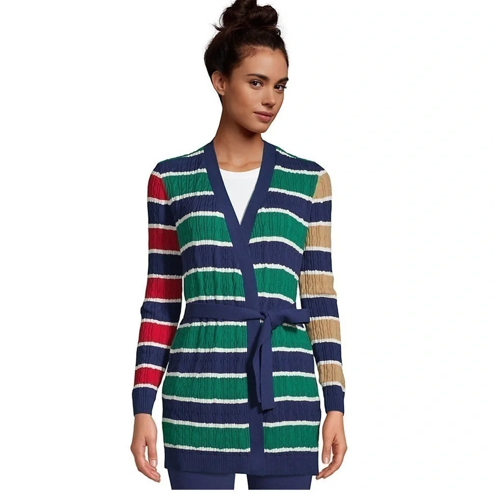 Lands’ End Womens Tie Front Cardigan Cable Knit Striped Size Small 6-8